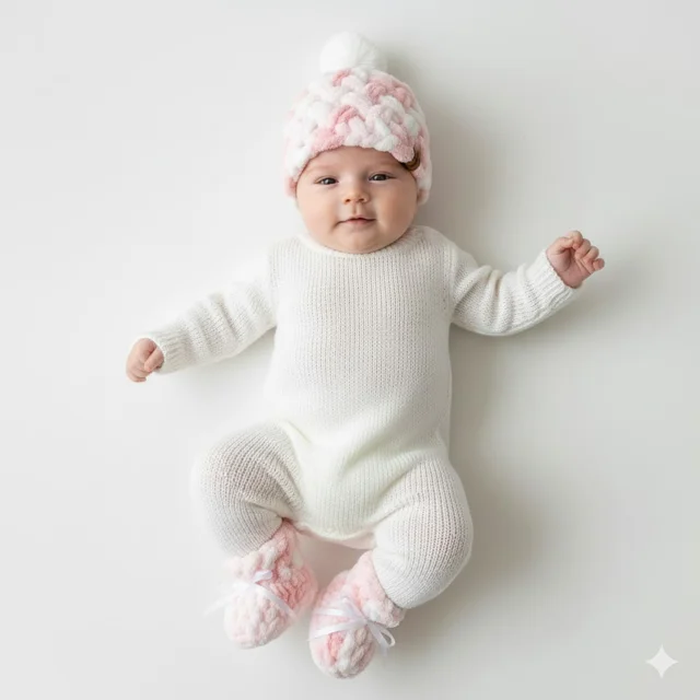 ست کلاه و پاپوش نوزادی بسیار نرم دستبافت با کاموای ترک پافی آلیزه 3 تا ۱۲ ماه