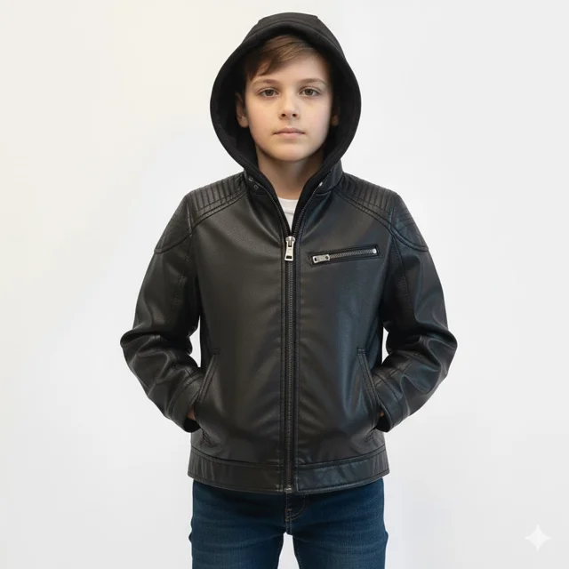 کاپشن کت چرم پسرانه کلاهدار وارداتی برند مکس MaX  کیفیت واقعا درجه یک سایز 7 تا 9 سال